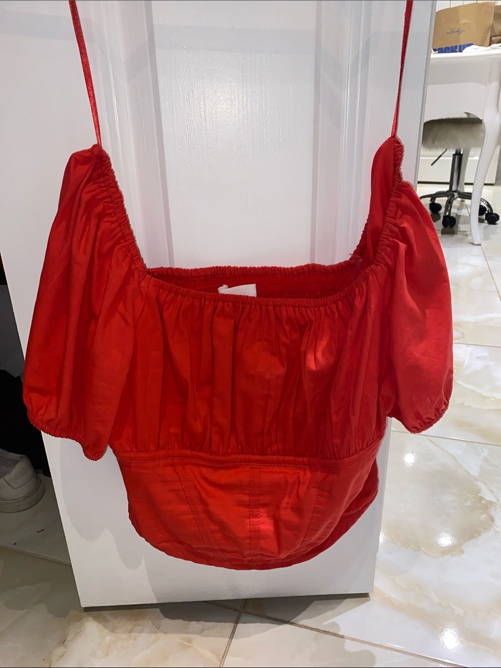 Off-Shoulder Red Puff-Sleeve Women’s Blouse
